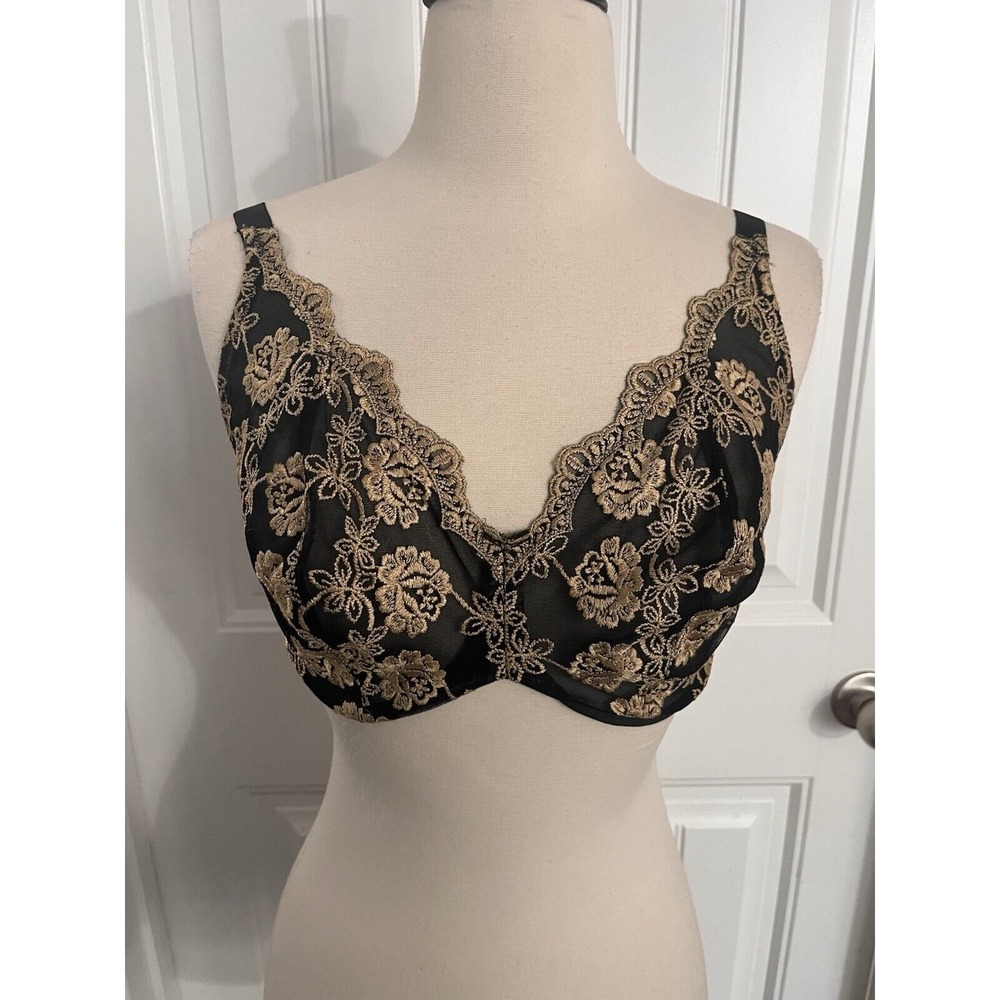 Vintage Victoria's‎ Secret Unlined Lace Sheer Underwire Bra Black Gold 32 DD 040